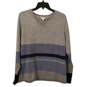 J. Jill Women's Gray Blue Multicolor Striped V-Neck Pullover Sweater Size M